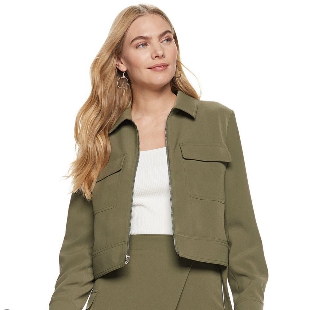 Women’s Nine West Olive Green Liam Zip Up Utility Jacket with Matching Skirt